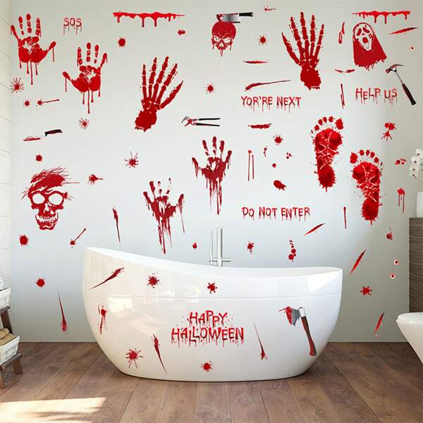 1 Set Of 8pcs Halloween Bloody Hand & Footprint Stickers, PVC Decals, Scary Bathroom Decals, Removable Home & Sink Wall Window Decorations, Horror Party Supplies