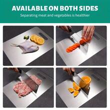 Conjunto de 3 tábuas de corte premium de aço inoxidável – Tapetes de corte resistentes para carne, vegetais e frutas | Tábuas de cozinha antiderrapantes de nível comercial com ranhuras para suco – Laváveis na máquina de lavar louça e com facas para uso doméstico e em restaurantes