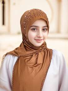 1pc Arabian Style Headwrap, Malaysian New Design, Solid Color Pearled Chin Cover, Convenient Hijab, Striped Long Shawl Hijab, Fashionable Headscarf For Girl, Handcrafted Chain Decorated Headwrap