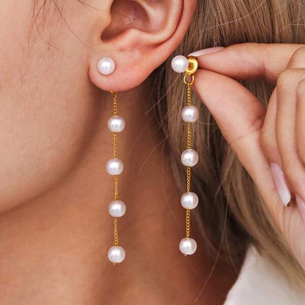1 par de nuevos pendientes de perlas falsas brillantes, pendientes con borlas largas, pendientes de acero inoxidable para mujeres, adecuados para uso diario, oficina, fiesta, boda
