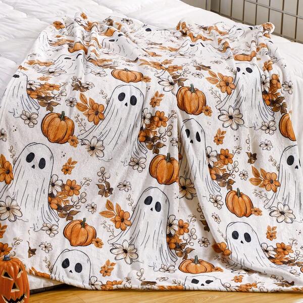 1pc Halloween Patchwork Pumpkin & Ghost Throw Blanket, Comfortable Personalized Home Bedding, Suitable For All Seasons, Machine Washable, Great For Travel & Camping