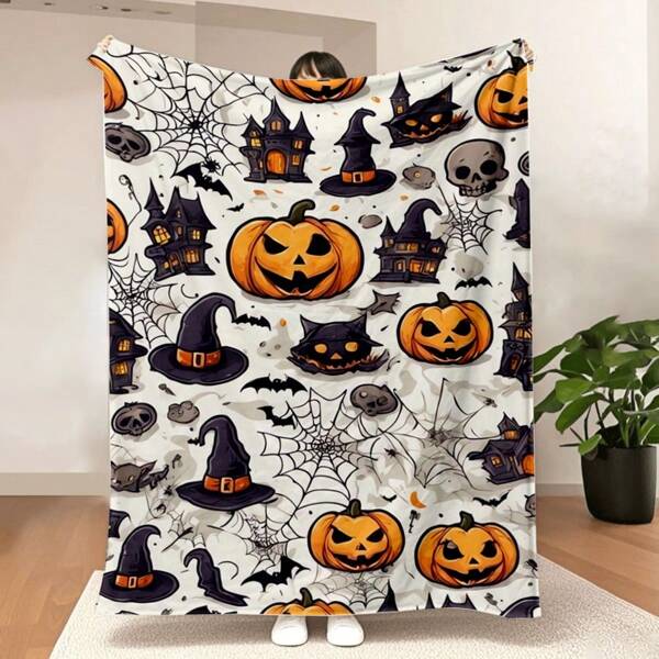 1pc Flannel Throw Blanket, Halloween Bat & Pumpkin Print, Soft Warm Cozy Blanket For Sofa, Bed, Car, Office, Camping, Travel, All Season Gift, Retro Style, Mixed Color, Digital Printing