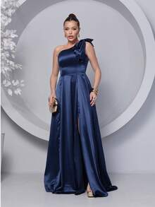 Long Dress For Bridesmaid – One Shoulder With Ruffle And Slit Elegant Simple Elegant Party Satin Side Opening Zipper Pleated Bridesmaid Civil Wedding Debutante Graduate Formal And Evening - 藏蓝色 - 查看 1