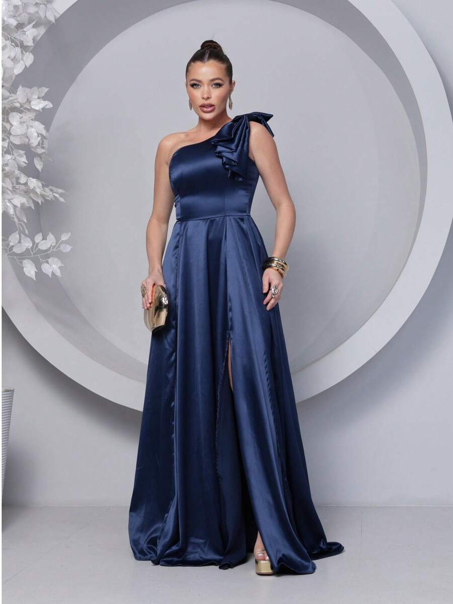 Long Dress For Bridesmaid – One Shoulder With Ruffle And Slit Elegant Simple Elegant Party Satin Side Opening Zipper Pleated Bridesmaid Civil Wedding Debutante Graduate Formal And Evening - 藏蓝色 - 查看 1