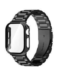 兼容 表带 49 毫米 46 毫米 44 毫米 45 毫米 42 毫米 40 毫米 38 毫米 41 毫米，适合商务场合，男女皆宜，黑色不锈钢 表带配钢化玻璃屏幕保护膜，适用于 Ultra 3/2/1 系列 S10/S9/S8/S7/S6/S5/S4/S3/S2/S1/SE，男士黑色 表带