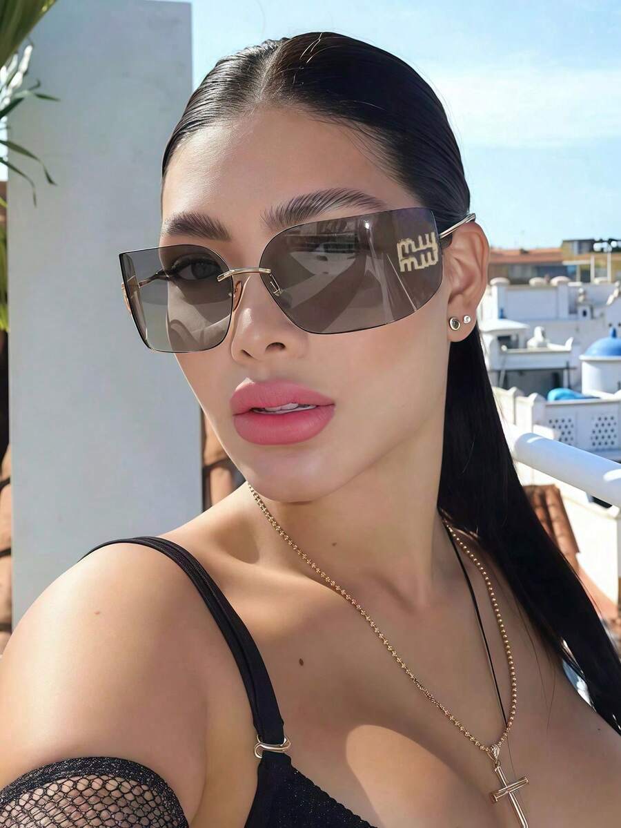 1pc Curved One-Piece Rimless Edged Women's Fashion Glasses, Y2K Retro High-End Glasses Wraparound Shape Shades