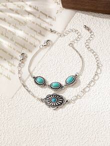 2pcs Western Style Turquoise Bracelets Set, Suitable For Daily Wear - Multicolor - View 2