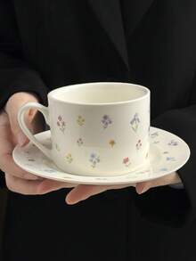 1 Set Floral Ceramic Coffee Cup & Saucer, Hand-Painted Colorful Flower Designed Coffee Mug, Latte Mug, Juice Cup, Milk Cup, Dessert Plate, Drinking Cup, Gift For Family & Friends Back To School