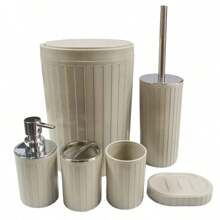 6er Badezimmer Accessoires Set, Kunststoff & Bambus Bad Ensemble Kit mit Seifenspender, Zahnputzbecher, Zahnbürstenhalter, Seifenschale, Toilette-Bürste & Halterung, Mülleimer, Geschenkset für Geburtstag, Feiertage, Einweihung, Weihnachten, in den Farben Schwarz, Weiß und Grau erhältlich