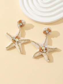 海星和珍珠水钻装饰波西米亚海滩时尚珠宝耳环女士 - 米色 - 查看 4