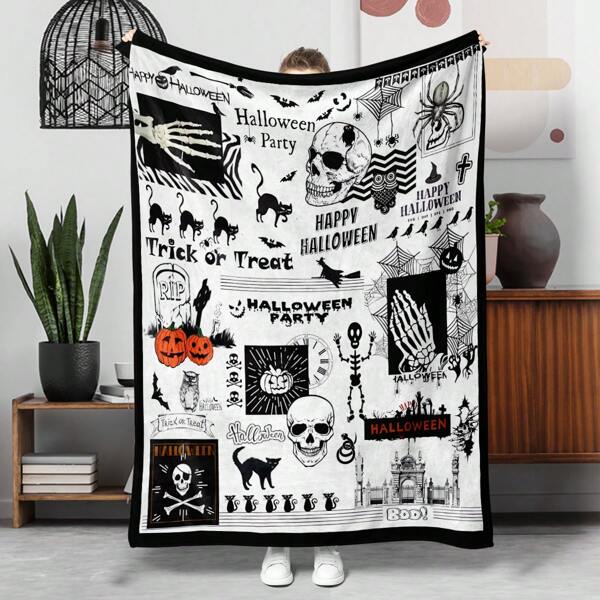 1pc Gothic Halloween Theme Flannel Blanket, Suitable As Halloween Gift Blanket, For Sofa, Living Room Nap, Outdoor Camping, Travel