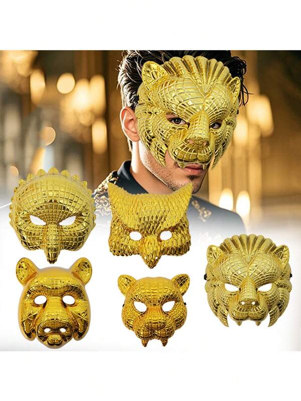 1/2pcs Halloween Half Face Mask, Metallic Gold Animal Mask For Masquerade Ball, Carnival Party, Cosplay Props