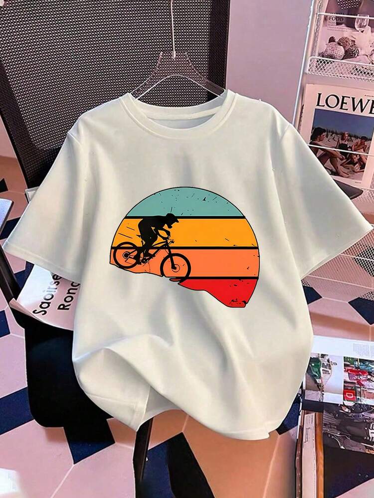 Mujer Camiseta de mujer México Envío Tela transpirable de alta calidad Manga suelta Estampado de  Lavado a máquina Fresco Deportes Cuello redondo Casual Manga corta Versátil Nueva Era  Lavable a máquina, top casual de cuello redondo de deportes de trabajo estudiantil, moda cómoda y moderna |vestidos de mujer verano almacen localCamiseta blanca de manga corta con diseño vintage de ciclista sobre fondo degradado multicolor, ideal para amantes del ciclismo, tejido suave y transpirable para uso diario y actividades al aire libre - Blanco - Añade 1