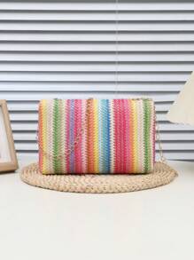 1pc Rainbow Striped Shoulder Bag, Summer Beach Bag, Outdoor Shoulder Bag, Chain Strap Square Woven Crossbody Bag, Colorful Bag, Casual Beach Bag For Women, Large Capacity