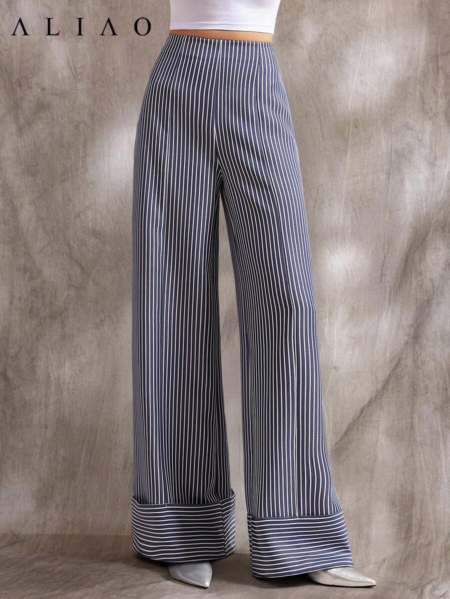 Aliao优雅荷叶边条纹阔腿裤，情人节穿搭，春季，白色派对活动，复古富贵风，宫廷风，端庄优雅，商务休闲女装