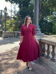 PLAIN MIDI DRESS Button WOMEN'S FASHION Daily - 酒紅色 - 查看 6