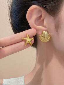 2-12pcs/Set Fashion Starfish, Shell Earrings Set, Suitable For Summer Travel And Holiday Wear