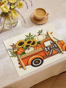 4 piezas/6 piezas/60 piezas Manteles decorativos de otoño, calabaza, girasol, hoja, coche, lazo, manteles de lino con letras, manteles resistentes a la suciedad, adecuados para el hogar, restaurante, decoración de mesa de comedor, artículos para el hogar - Multicolor - Ver 6