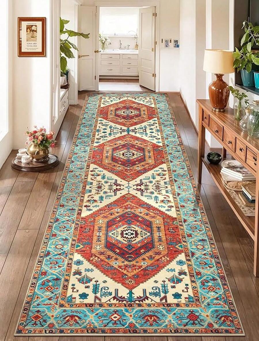 Runner Rug Hallways, 2'6x10' Washable Non Slip Kitchen Runner Rug, Long Boho Vintage Rust Hallway Stair Ultra Soft Print Floor Carpet Bedroom Bathroom Laundry Room, Home Decor - Orange/Multi - View 1