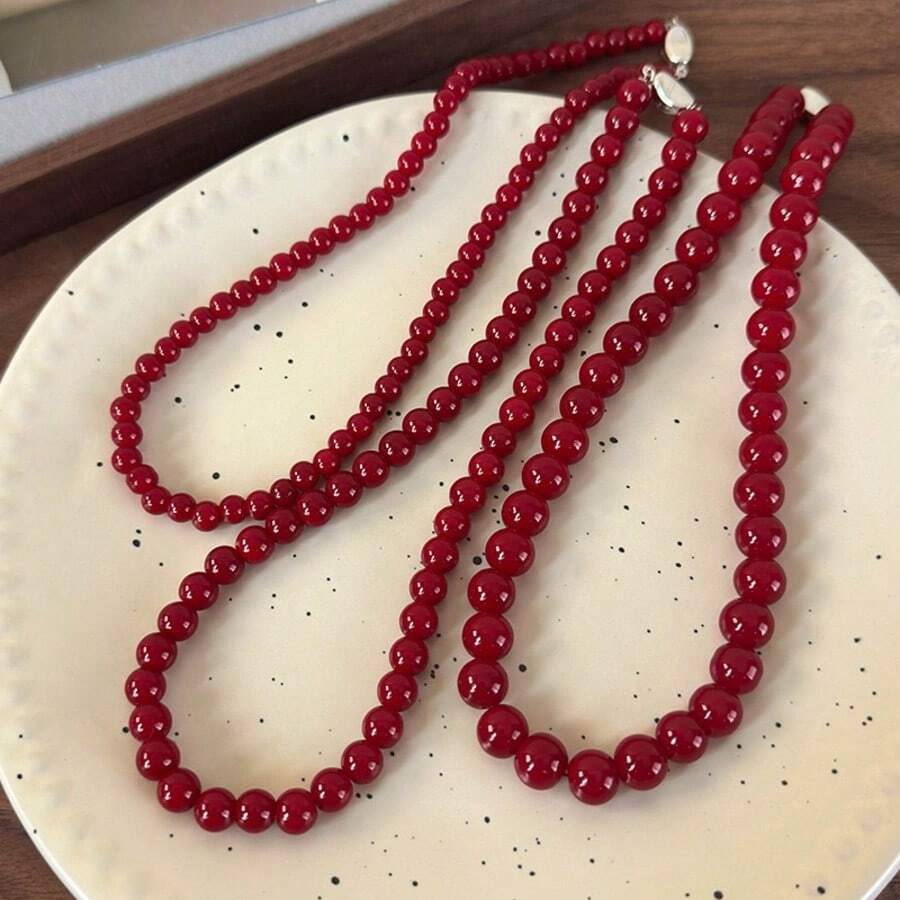 1pc New Red Round Glass Beaded Necklace, Vintage Chinese Style Ingot Clasp Choker, Minimalist Versatile Necklace Accessory - Red - View 1