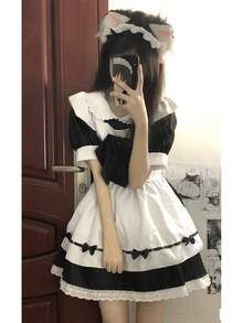 1 قطعة من المريلة المطرزة ذات الياقة بيتر بان القابلة للإزالة والزخرفة بالفيونكة الأنيقة، مناسبة لفستان خادمة لوليتا مع تنورة مكشكشة، زي هالوين، فستان حفلة - متعدد الألوان - مشاهدة 4