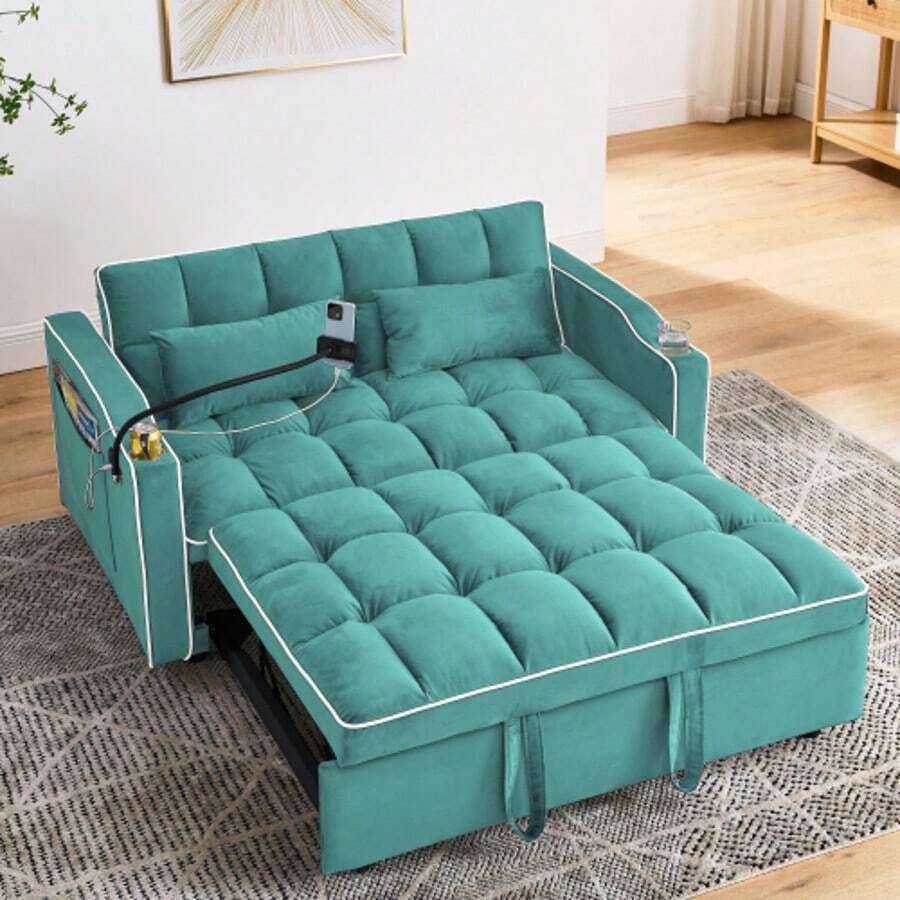 55.51 Inch Versatile Foldable Sofa Bed In 3 Lengths, Modern Sofa Sofa Sofa Velvet Pull-Out Bed, Adjustable Back And With USB Port And Ashtray And Swivel Phone Stand (Green) - Green - View 1