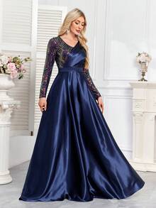 hezixi High Quality Elastic Sequin V-Neck Cover Sleeves With Slim Fit And Fishtail Hem Design, Featuring A Solid Elegant And Luxurious Long Dress For Women,Making Women Younger And More Charming,Suitable For Various Parties, Graduations, Weddings, Events And Various Banquets And Dancing Parties,Formal Ball Gown For Women (Deluxe Edition) - Navy Blue - View 5