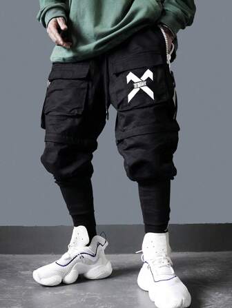 Embroidered Street Utility Loose Waist Detachable Multipurpose Drawstring Pants, Cargo Pants