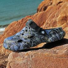 1 双男士轻便舒适木屐镂空防滑花园鞋男士网眼夏季凉鞋男士休闲户外防滑厚底沙滩人字拖拖鞋（鞋面随机不对称印花） - 黑色 - 查看 4