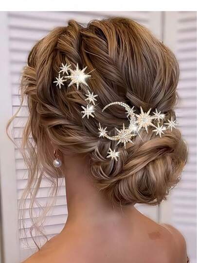 1件/5件套多功能创意发饰套装 - 简约几何月亮和星星发夹，适用于女士婚礼发饰、梳子、发梳、侧梳、头部饰品