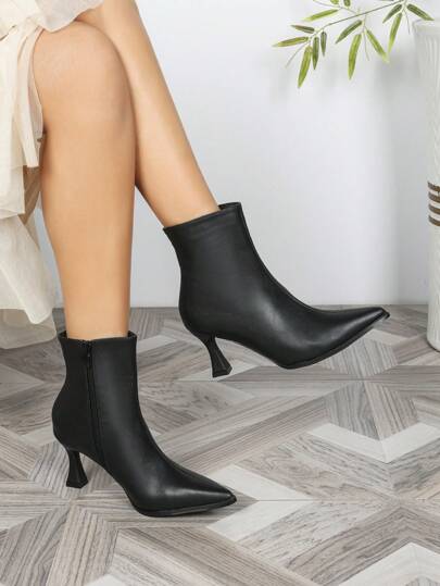 Women's Fashion Pointed Toe Slim Heel Boots, Minimalist & Elegant Side Zipper Ankle Boots, Comfortable Daily Versatile Women's Shoes, Black Warm Winter Women's Booties