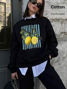 Blusa de algodão com ombros caídos para mulheres, estampa de limão fresco, blusa larga e solta com gola redonda para primavera e outono - Preto - Ver 1