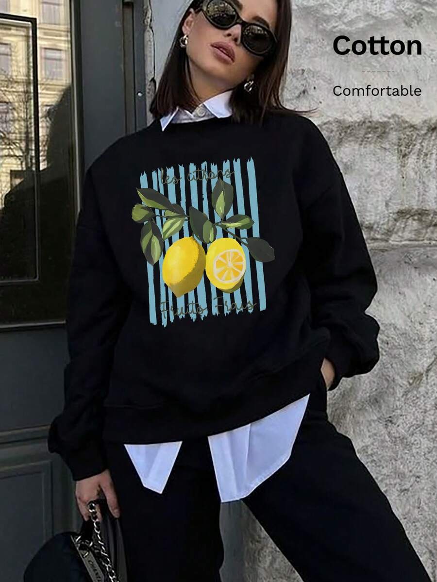 Blusa de algodão com ombros caídos para mulheres, estampa de limão fresco, blusa larga e solta com gola redonda para primavera e outono - Preto - Ver 1