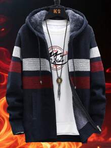 Korean Style Men's Fleece Full Zip Hooded Cardigan With Sherpa Lining, Thick Knitted Cardigan Outerwear, Fall/Winter, Long Sleeve Top