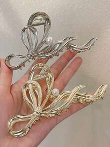 爪夹 2 件仿珍珠和水钻装饰发夹，金属爪形发夹，优雅夏季发饰秋季配饰