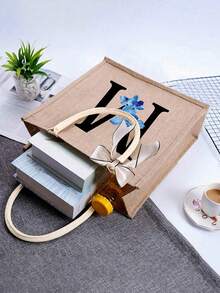 1pc Sunflower & Daisy Letter Print Linen Tote Bag, Women's Fashion Linen Shopping Bag/Handbag/Grocery Bag, Teacher's Portable Tote Bag, Ideal Shopping Tote/Lunch Bag, Great Gift For Women, Mothers, Teachers, Friends, Bridesmaids, Lovers, Students, Suitable For Dates, Birthdays, Holidays, Back To School, Vacation, Beach, Travel, Commute, Business, Students, Picnics, Camping, Supermarket, Daily Use - Khaki - View 5