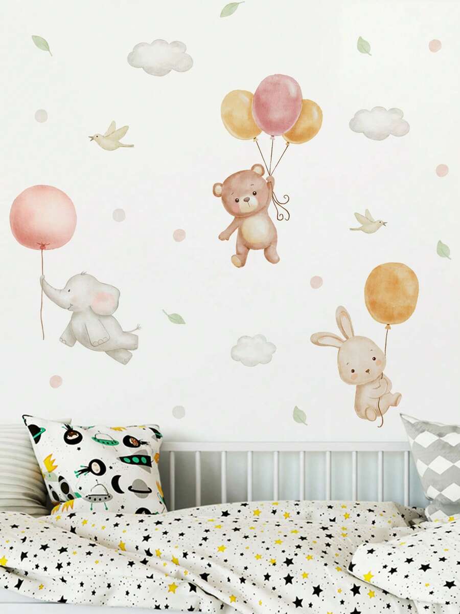 SURELIFE Cute Balloon Animal Wall Decals For Kids Room And Nursery, Bear, Rabbit, Elephant Flying Balloon Wall Stickers, Removable Adhesive Baby Bedroom Wall Decor, Cloud Bird Macaron Color Aesthetic Damage-Free Wall Art