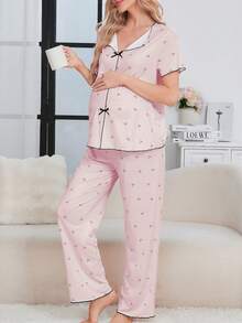 孕妇睡衣套装，简约V领，可爱樱桃印花，蝴蝶结点缀，夏季孕妇家居服套装 - 淺粉色 - 查看 5