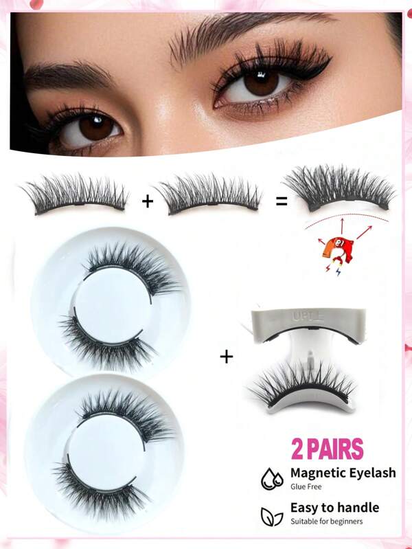 زوجان من رموش مغناطيسية طويلة طبيعية مع تطبيق قابلة لإعادة الاستخدام للنساء ، رمش مغناطيسي زائف ثلاثي الأبعاد بدون بريق