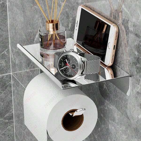 1 PIEZA Portarrollos de papel higiénico montado en la pared con estante para teléfono, de acero inoxidable, con adhesivo o tornillos, resistente a la oxidación, para baño y aseo, con estante, accesorios de baño, almacenamiento y organización de baño