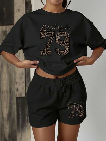 HESSEN Women's Casual Fashion Simple Solid Color Loose Daily Versatile Numeric Leopard Print Logo 3D Foil Print Loose Short Sleeve T-Shirt And Shorts Two Pieces Set, Suitable For Gym, Running, Back To School, Teacher Outfits, Holiday Halloween Christmas