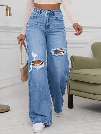 Teenage Loose Fit Distressed Washed Denim Jeans, Fashion Wide Leg Jeans For Women