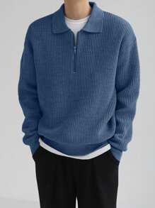 1pc Men & Teenage Boys' Solid Klein Blue Simple Casual Versatile Commute Sweater, Autumn/Winter