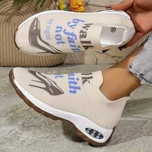 Women's Breathable Knitted Mid-Top Sports Shoes, Equipped With Air-Cushioned EVA Soles, Eye-Catching "Walk By Faith" Pattern Prints And Color Decorations - All-Season Casual Shoes Suitable For Casual Outfits.