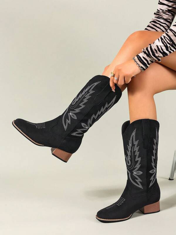 Women's Retro Square Toe Chunky Heel Mid-Calf Embroidered Fashion Outdoor Party Western Boots