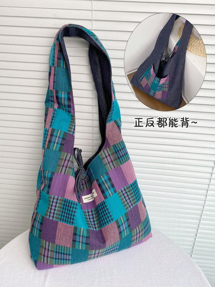 Women Shoulder Bags - 黑牛仔格紋雙面背心包-藍格子 - 查看 1