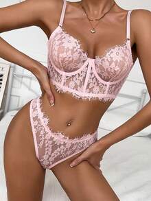 Women Sexy Lingerie Set Two Piece Lace Bra And Panty Set Bralette Sleepwear - Hồng - Xem 2