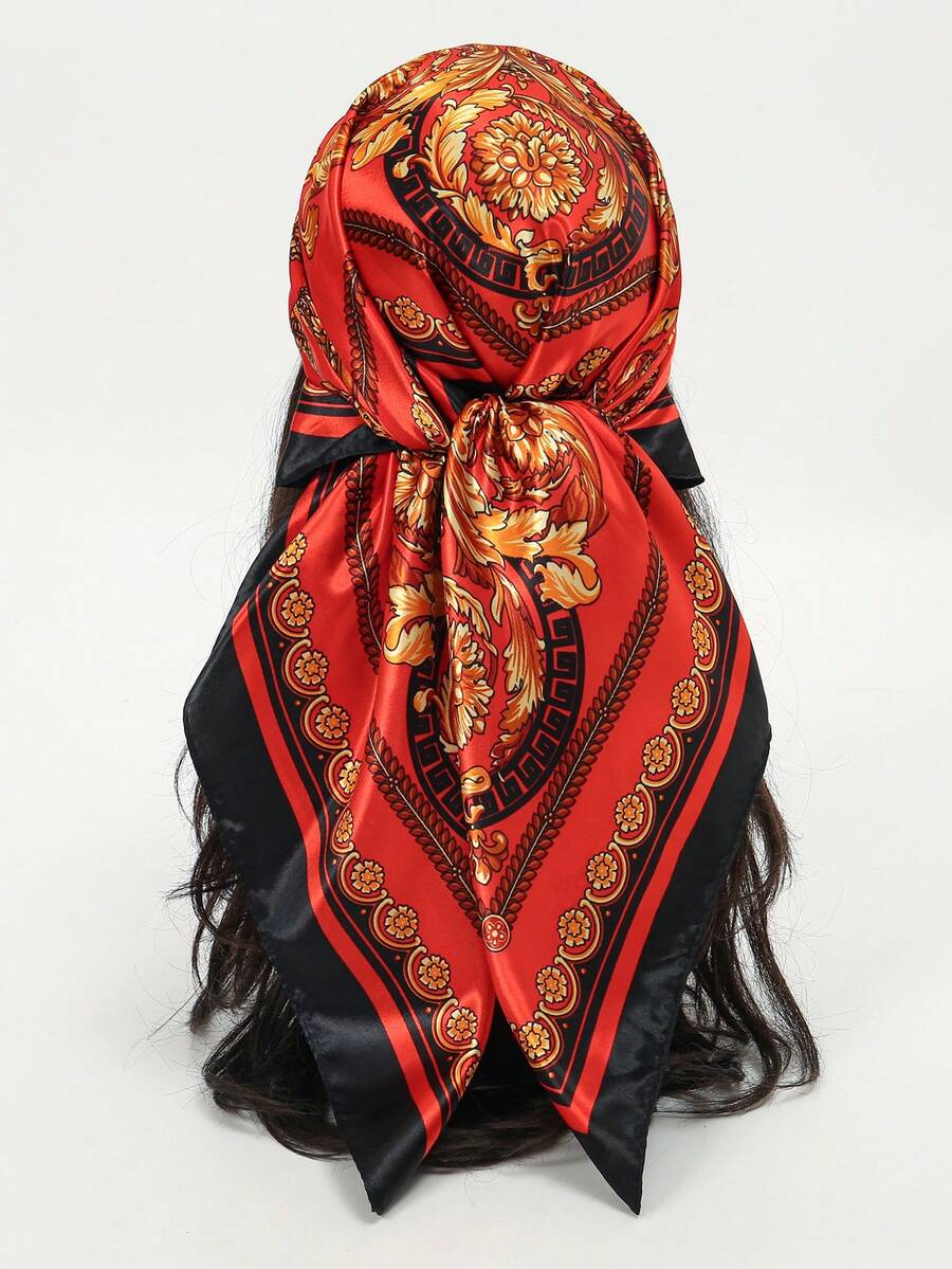 1 件波西米亚风佩斯利印花链条图案头巾女士围巾女士大方形围巾头巾、发带、头带非常适合装扮 - 米色 - 查看 1