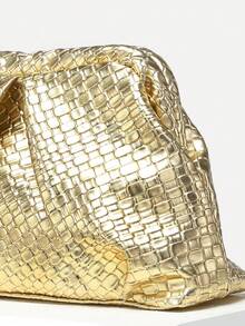 1pc Vintage Simple Old Money Style Solid Color Metal-Tone Angola Red Crackle Crinkle Cloud Large Clutch Bag, No Chain, Suitable For Going Out, Dates, Parties, And Daily Commute - Gold - View 3