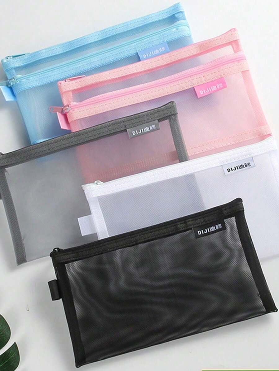 1 pieza Bolsa de lápices minimalista de unicolor y transparente de malla, de gran capacidad y multifuncional con cremallera para organizar artículos de oficina y papelería, para estudiantes y escuela - Multicolor - Ver 1